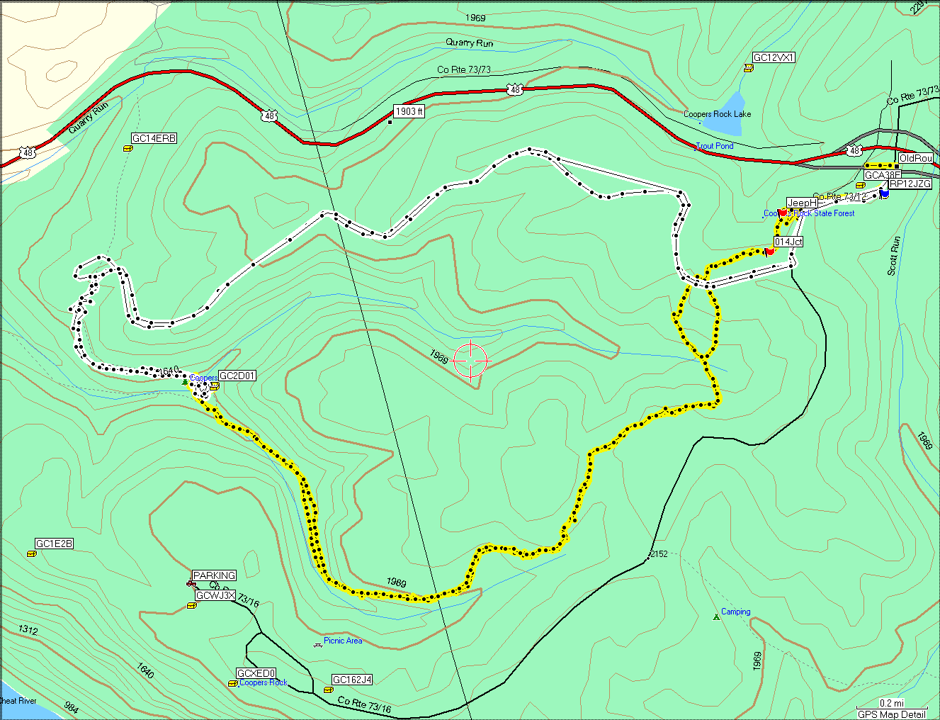 Track of Hike (Yellow) and our previous visit (White)