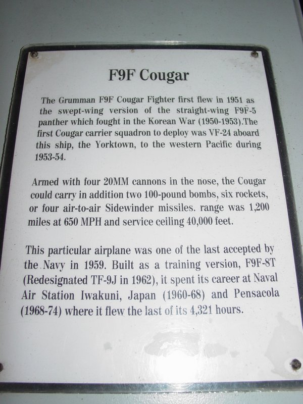 F9F Cougar Info aboard the USS Yorktown
