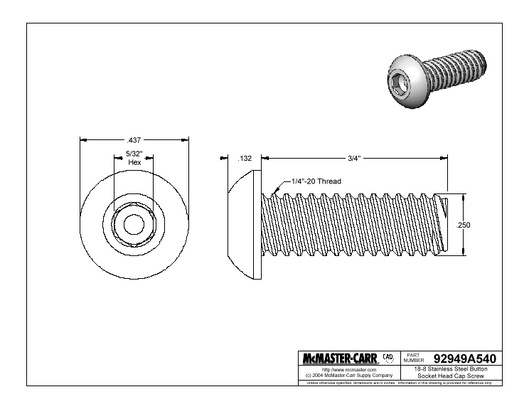 Button Socket Head Cap Screw Stainless Steel - Click to Enlarge