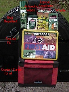 First Aid Supplies - Insect Repellent, Antiseptic wipes, topical anesthetic, whisle, First Aid Kit, insulated carry case