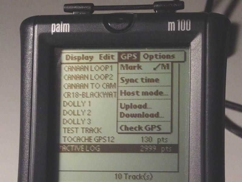 Palm m100 running GPilotS GPS Menu - Click to Enlarge