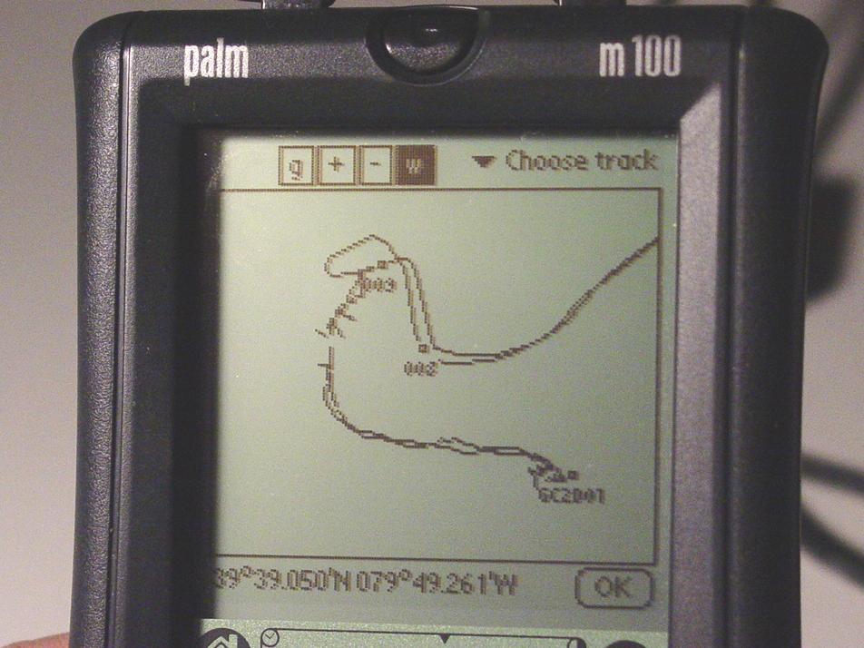 Palm m100 running GPilotS Track Display - Click to Enlarge