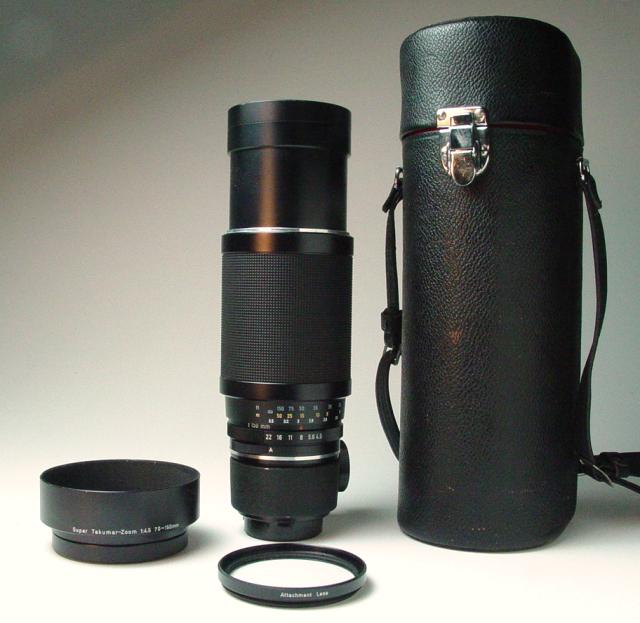 Super Takumar-Zoom 70~150 f.4.5 (first multi-coated Takumar), Accessory Lens, Hood and Case - Click to Enlarge