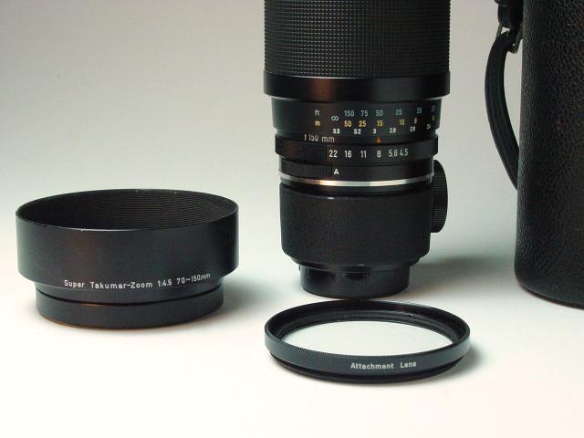 Super Takumar-Zoom 70~150 f.4.5 (first multi-coated Takumar), Accessory Lens, Hood and Case - Click to Enlarge